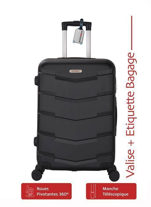 Maleta mediana de 65 cm con carcasa rígida y sistema de ventilación, color negro, con etiqueta para equipaje. Maleta de 4 ruedas con rotación de 360°. Peso: 3 kg. Capacidad: 65 L.