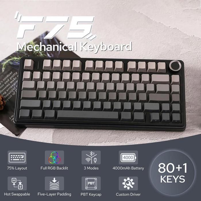 Clavier Gaming Mécanique Sans Fil Aula F75 75% - 3 Modes, Structure Gasket, Switch Interchangeable, Bouton RGB-Noir Écueil