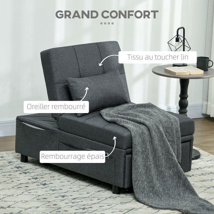 Sillón convertible de 1 plaza - HOMCOM - respaldo ajustable, asiento acolchado y almohada - para salón, dormitorio, despacho, gris