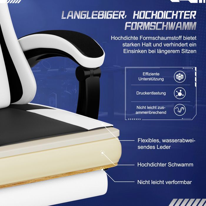 Sedia da gaming, sedia da gaming ergonomica, braccioli regolabili, poggiatesta, poggiapiedi, schienale, nero/bianco, fino a 150 kg, leggera
