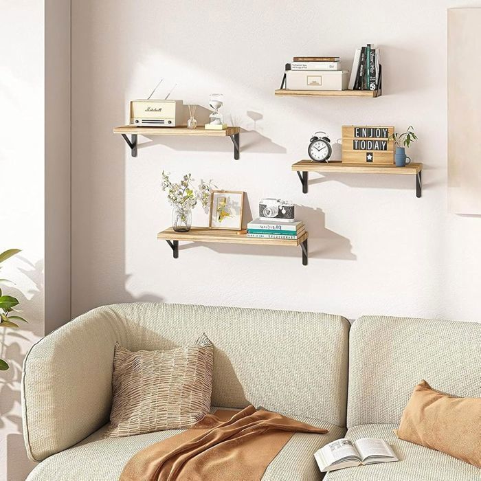 Etagère Murale Bois, Lot de 4 Flottantes Tablettes Métal Charge Maximal 20 Kg pour Salon Chambre Bureau Salle de Bains ou Cuisine