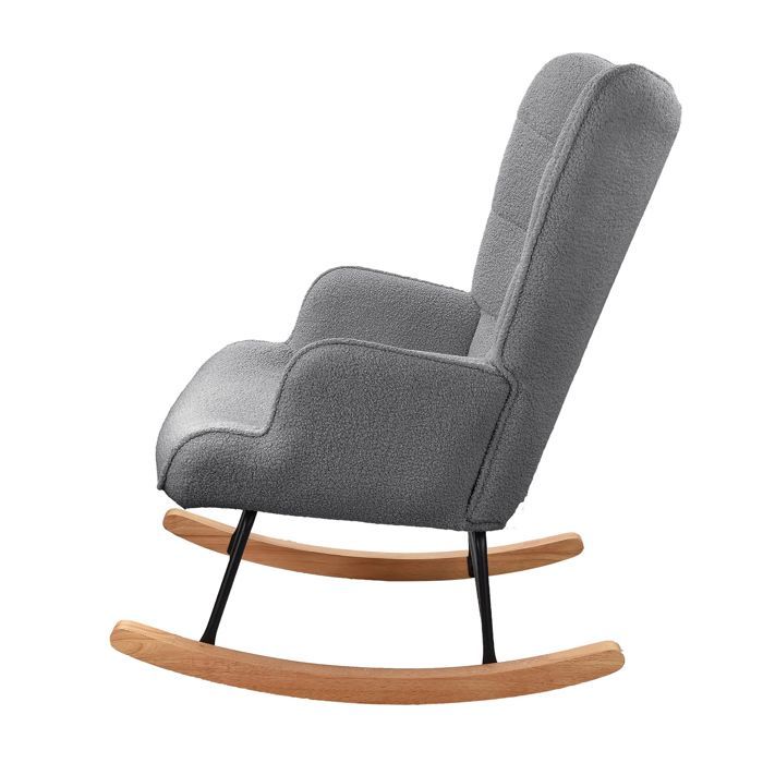 Mecedora de salón, respaldo a cuadros, mecedora para bebés, base de madera, tela de terciopelo Teddy, gris.