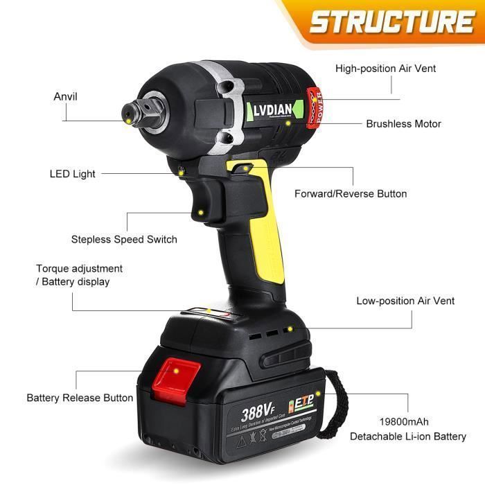 Llave de impacto, destornillador inalámbrico, 630 Nm, sin escobillas + 2 baterías 388VF 19800 mAh, color negro + amarillo