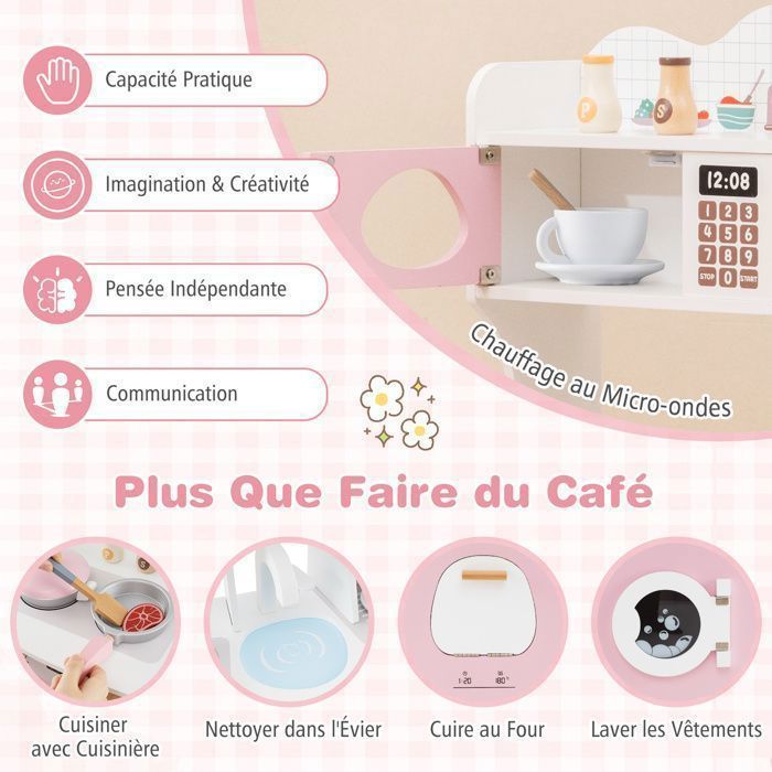 Cocina infantil COSTWAY para mayores de 3 años, 12 accesorios, Zona: Cafetera, Microondas, Horno, Lavadora, Rosa
