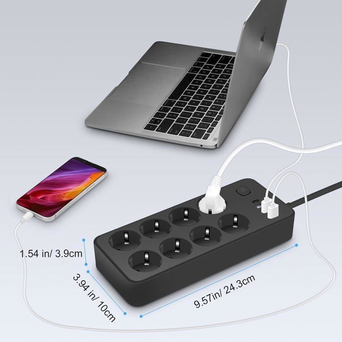 Regleta de 8 tomas con 1 puerto USB-C, 3 puertos USB-A (5V 2A/12W), protector contra sobretensiones con cable de alimentación e interruptor.