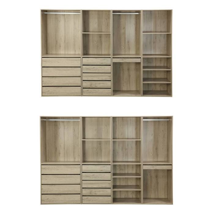 Kit de guarda-roupa modular com 4 elementos. Acabamento natural. Painéis laminados.