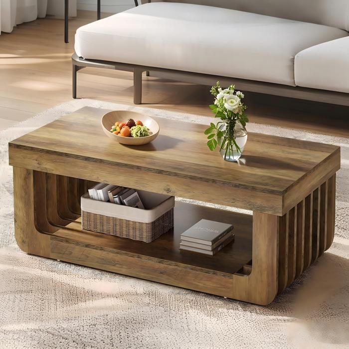 Tavolino da salotto - 120 × 60 × 45 cm - legno, 2 ripiani - venatura del legno naturale - struttura a doghe - stile rustico - marrone