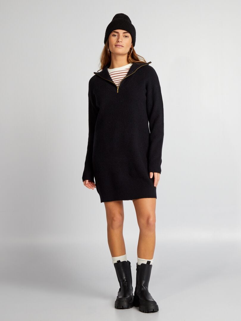 Suéter longo de gola alta com zíper - preto