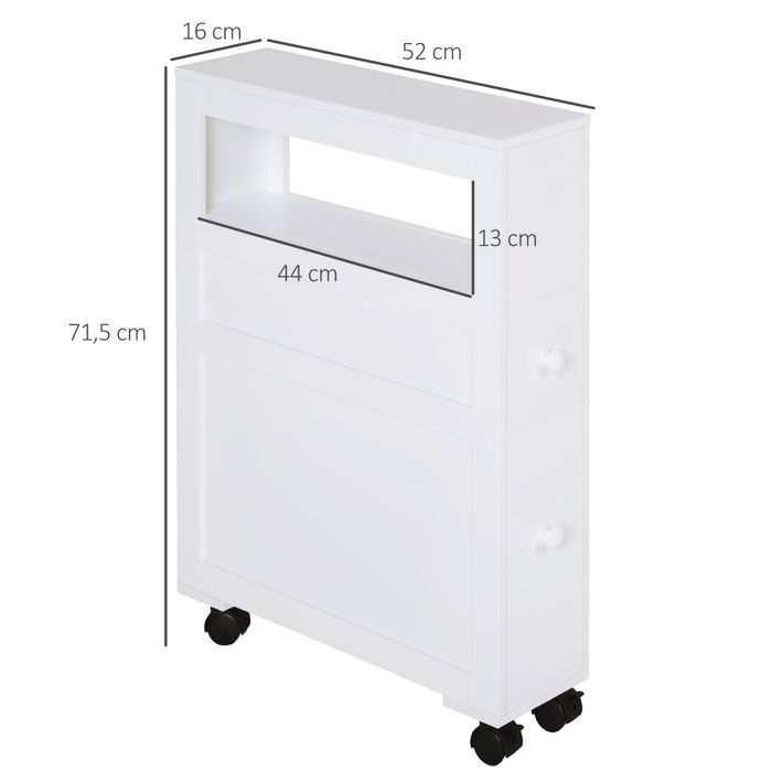 Mueble de baño - HOMCOM - con ruedas - con estante abierto y 2 cajones - 16 x 52 x 71,5 cm - blanco