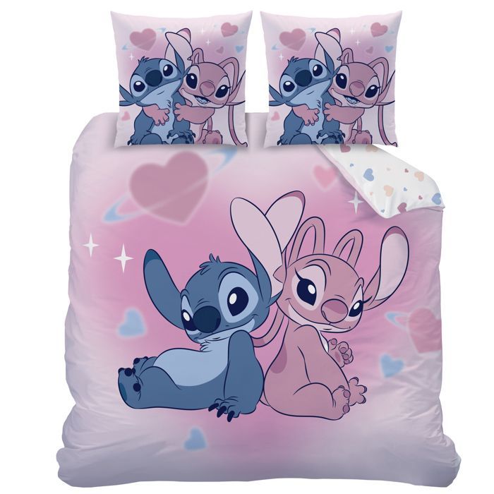 Printed double bed linen set, 100% cotton - DISNEY STITCH KISSES - Pink - 240x200cm + 2 pillowcases 63x63cm