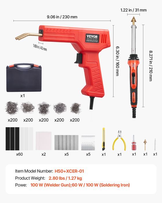 Kit de soldadura de plástico VEVOR de 100 W: soldador de plástico, 1000 grapas y 60 varillas de soldadura - Reparación profesional