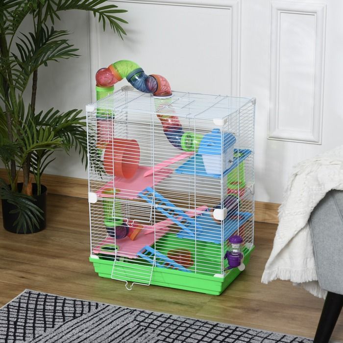 PawHut Hamster Cage - Gerbil 5-Story Secure Habitat with Tunnels, Wheel, House, and Ladders - Metal - 46x30x58cm - Green