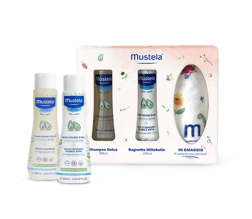 MUSTELA Mustela vannas turbāna komplekts Maigs šampūns 200 ml + vannas putas 200 ml + turbāna dvielis