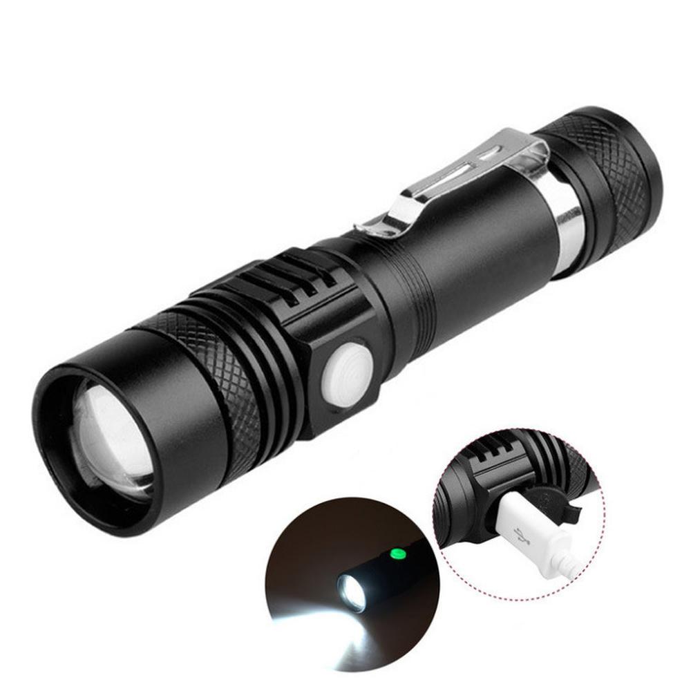Bærbar LED-lommelykt USB-lading T6 L2 V6 lommelykt Zoom sykkellykt 18650 batteri taktisk blits campinglykt vanntett 4 modus