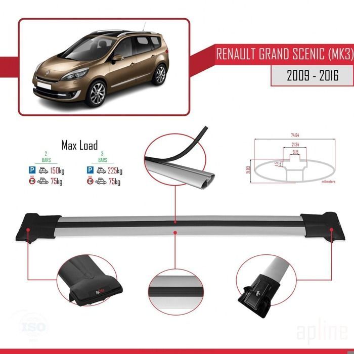 Barres de Toit - FLY - Modèle GRIS - Compatible Renault Grand Scenic - Aluminium - Charge < 300 kg
