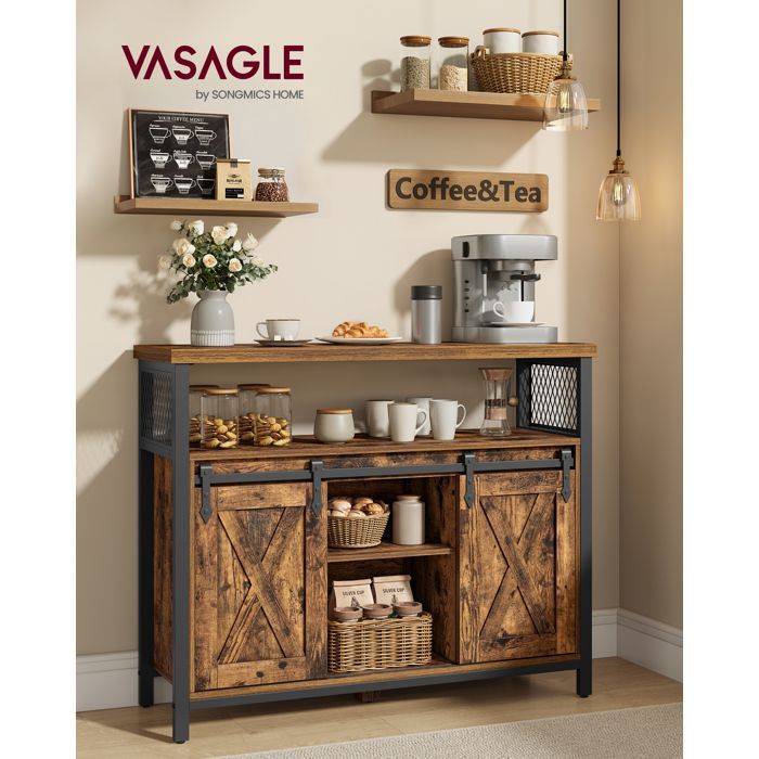 VASAGLE Buffet Cuisine, Commode, avec 2 Portes Coulissantes, 33 x 100 x 80 cm, Étagères Réglables, Marron Rustique et Noir