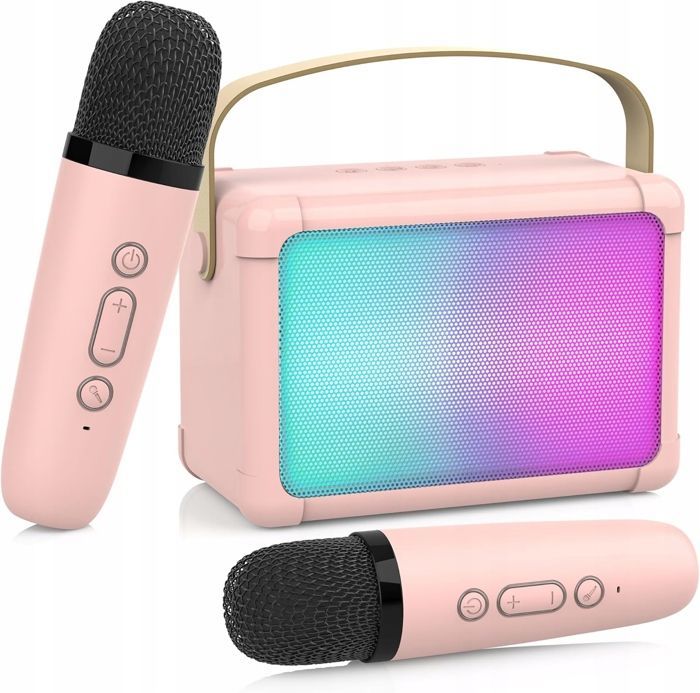 PORTABLE KARAOKE KIT WITH MICROPHONES, SPEAKERS, DIFFERENT VOICES FOR KIDS, AND LED LIGHTS