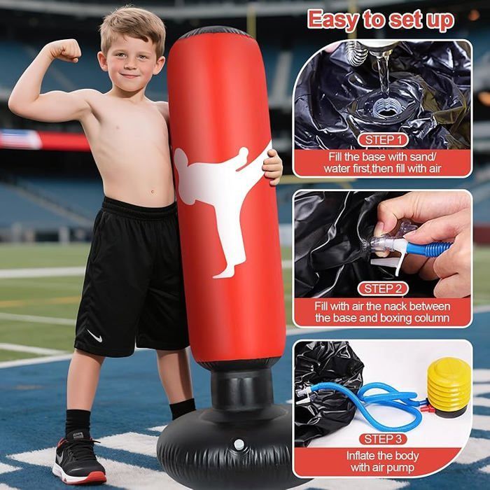 Sacco da boxe per bambini da 160 cm, sacco da boxe con guantoni e pompa gonfiabile, palla da pugilato per bambini, Taekwondo, Karate, età 3-12 anni, rosso