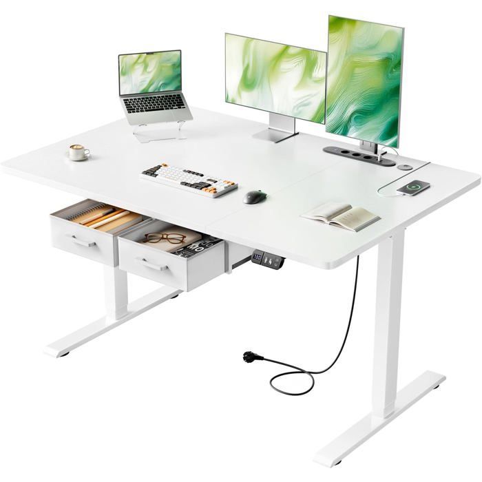 HLONONE Bureau Électrique Debout et Assis, 120 x 80 cm, avec Prise de Courant Intégrée, 2 Tiroirs Amovibles, Port USB-C, Blanc