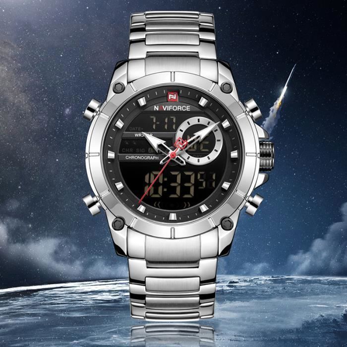 LINGYUE Hommes Double Affichage Quartz Led Montre En Acier Inoxydable Chronographe Hommes Montres - Argent