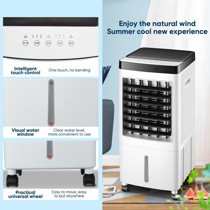 Ventilador de aire acondicionado portátil de 65 W, enfriador evaporativo de 10 L, 3 velocidades, temporizador de 7 horas, control remoto para el hogar y la oficina.