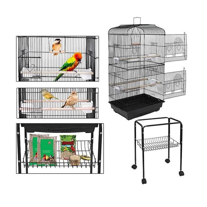 MIPAN. Bird Cage Aviary with Feeders + Wheels - For Canaries, Budgies, Parrots - 46×35.3×150.6cm - Black