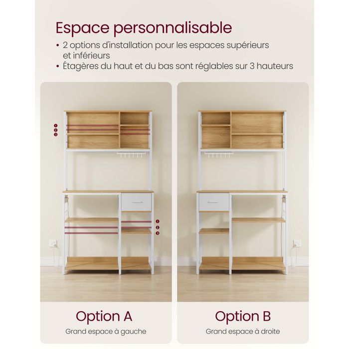 Carrello da cucina - VASAGLE - Ripiano da cucina con multipresa - Ripiani regolabili, rovere dorato e bianco nuvola