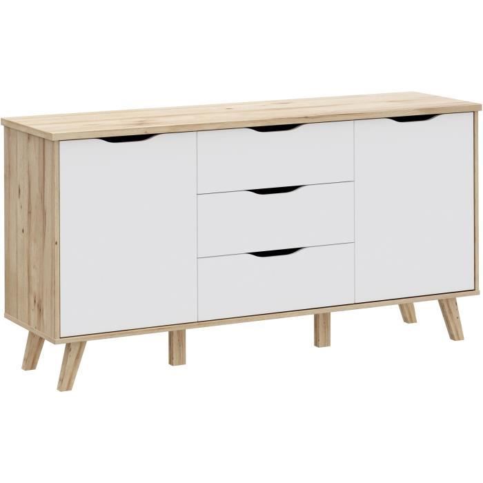 Aparador de 150 cm - VANKKA - Roble / Blanco mate - 2 puertas - 3 cajones