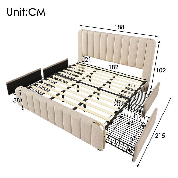Lit coffre 180x200, 4 tiroirs coulissants lit double, sommier inclus, revêtement lin beige, ports USB, structure métal robuste