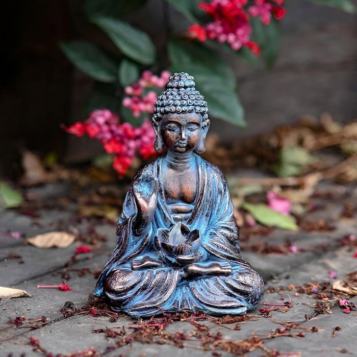 Buda de jardín con luces LED en forma de loto, estatua zen de resina, decoración para patio, terraza o alféizar de la ventana.