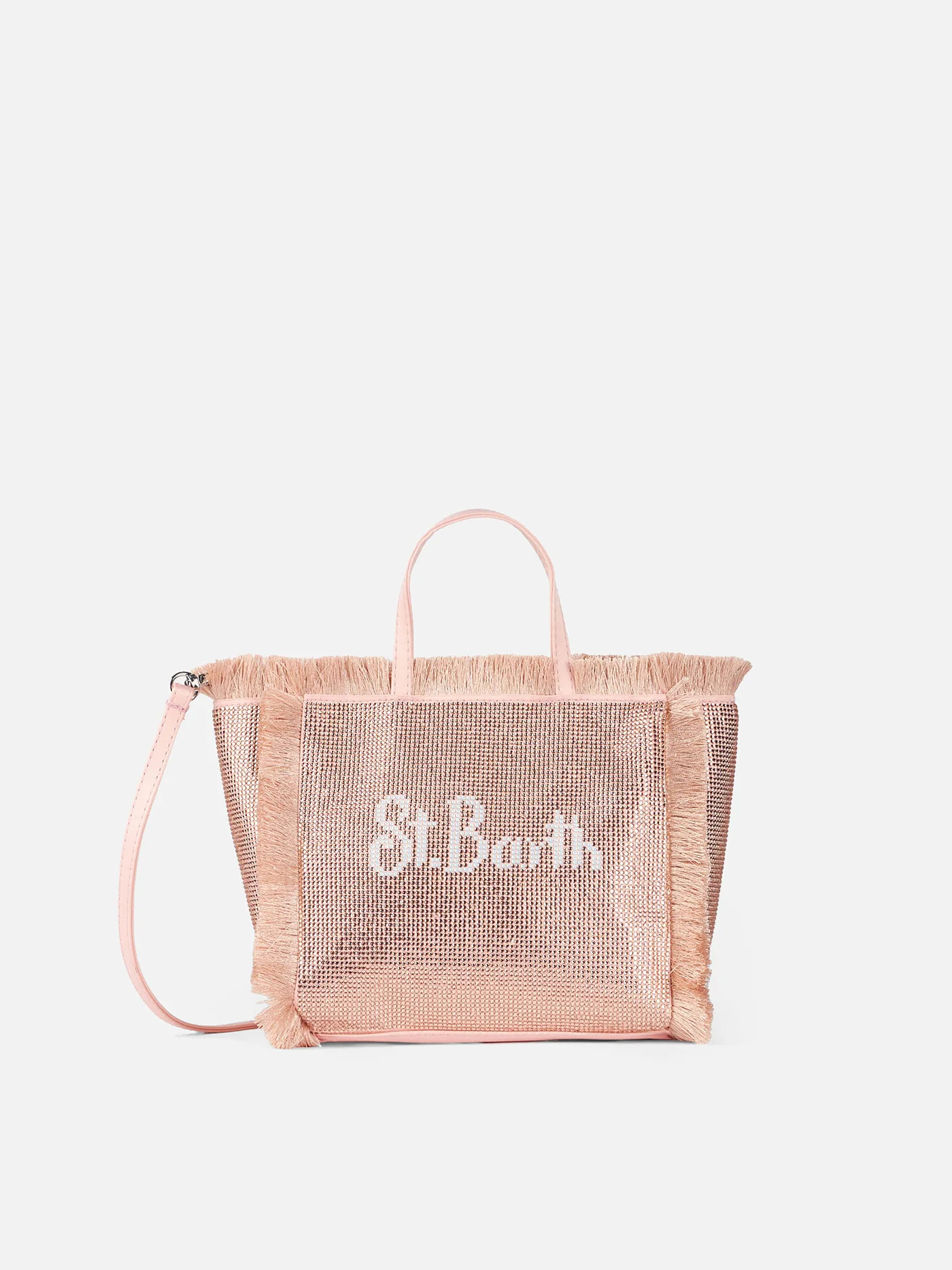Mini toilettasje met franjes en strasssteentjes in roségoud