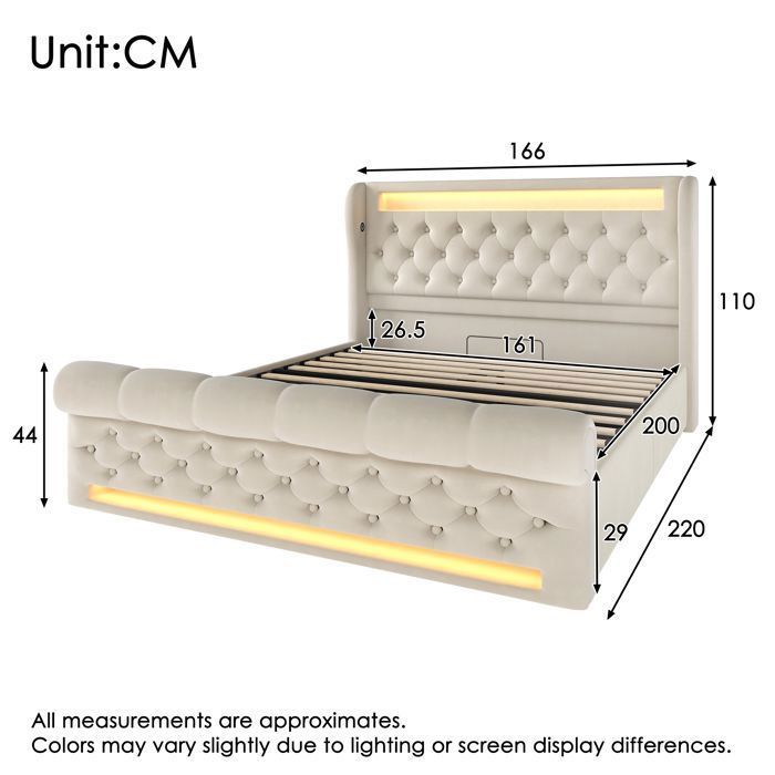 Lit coffre - Becag - Lit double 160x200cm avec LED et USB Type-C, Lit adulte rembourré avec rangement hydraulique, Velours Beige