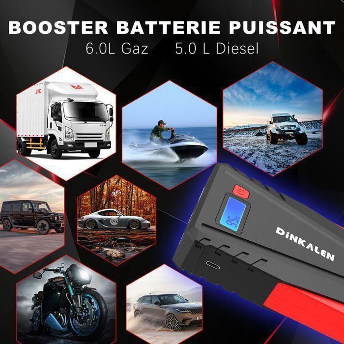 Arrancador de batería DINKALEN 12800 mAh - Arranque rápido de 1500 A - Cargador USB - Linterna LED de 3 modos