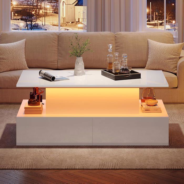 Tavolino da caffè con piano sollevabile e illuminazione a LED, 90 x 55 x 41 cm, lucido, con 4 cassetti e vano portaoggetti nascosto - Bianco