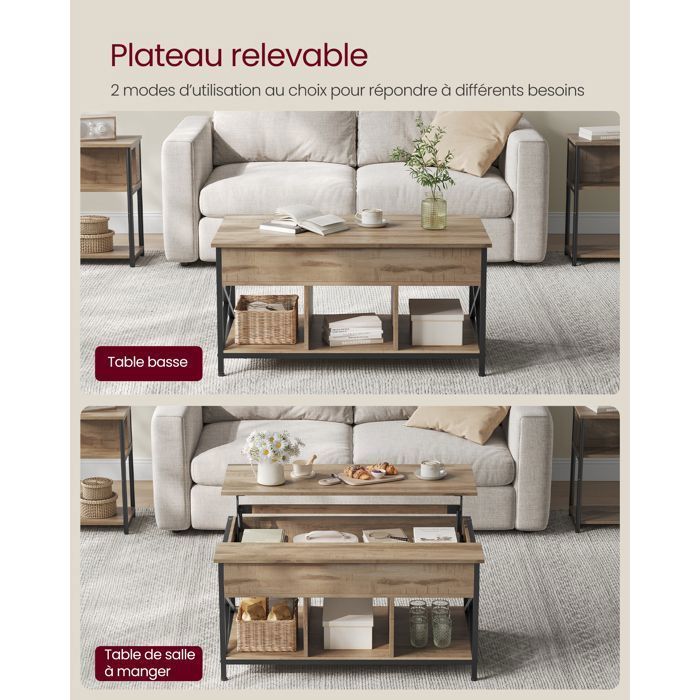 Table Basse Relevable, Rangement Ouvert et Compartiment Caché, Barres en Forme de X, 60 x 100 x (48-62) cm, Marron chêne et Noir