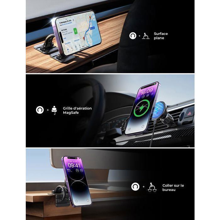 Soporte inalámbrico para teléfono de coche de 15 W, cargador de coche giratorio de 360°/chip inteligente para iPhone 15 14 13 Pro Max y Samsung