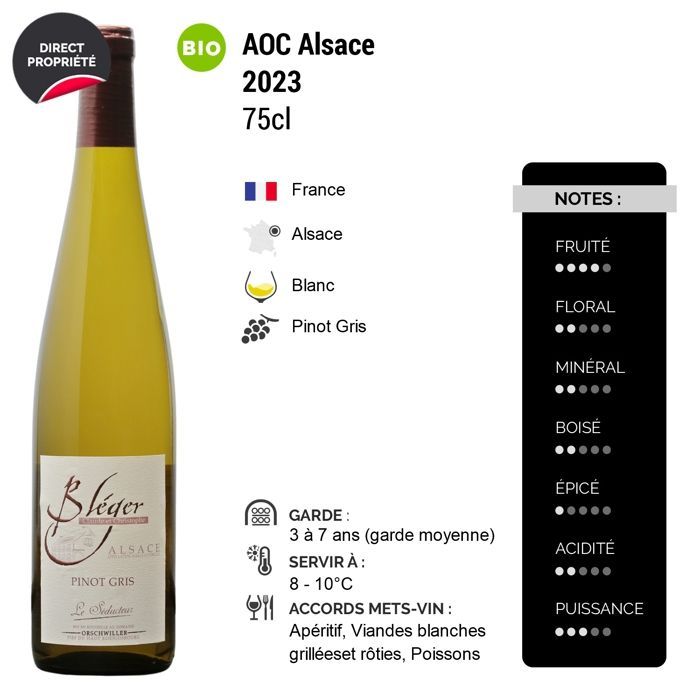 Domaine Claude et Christophe Bléger Alsace Pinot Gris Le Séducteur Demi-Sec 2023 - Vino bianco d'Alsazia (3x75cl) biologico