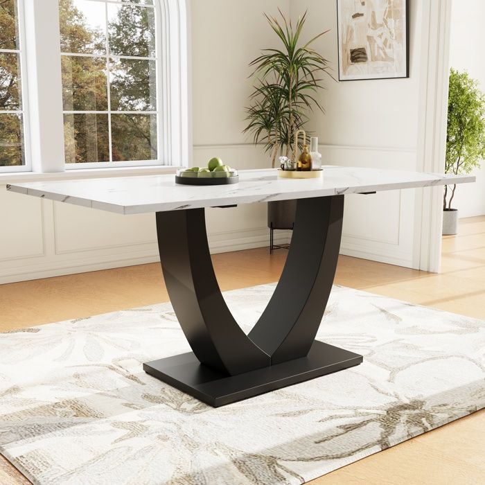 Table à manger - TRUXEN8 - 140x75 cm - Motif marbre - Pieds réglables - Blanc/Noir