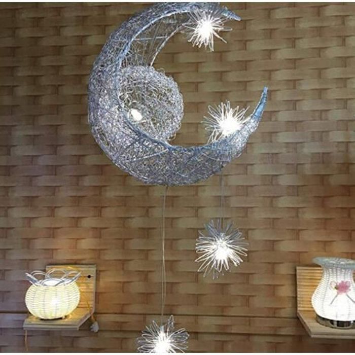 Suspension Lustres plafonnier Lune étoiles pour enfants Chambre - Blanc - 5 ampoules - Aluminium