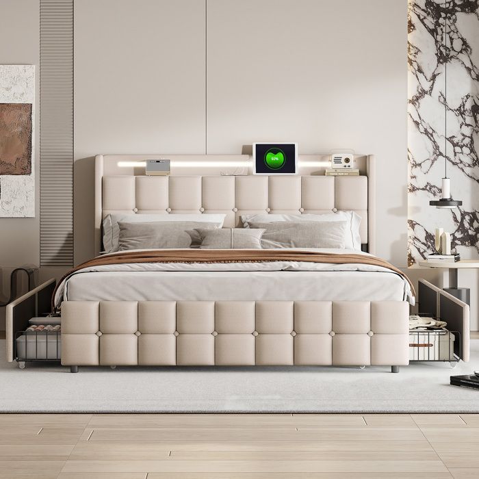 Letto matrimoniale 140x200 cm con cassetti, contenitore, LED e porta USB per la ricarica, letto per adulti, struttura letto con rete a doghe, beige