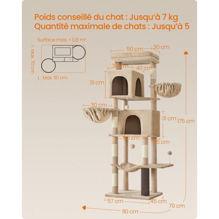 Árbol rascador grande para gatos, 175 cm de altura, multinivel con 2 cuevas, 2 cestas, 5 postes rascadores, auto-acicalable, color marrón camel.