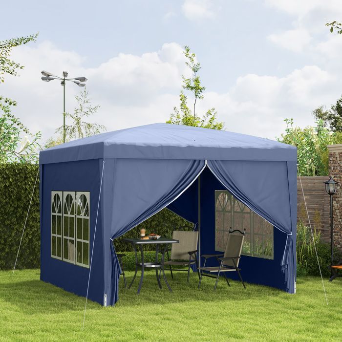 Garden gazebo - Outsunny - pop-up folding party tent with 4 removable walls - steel - 3x3m - blue