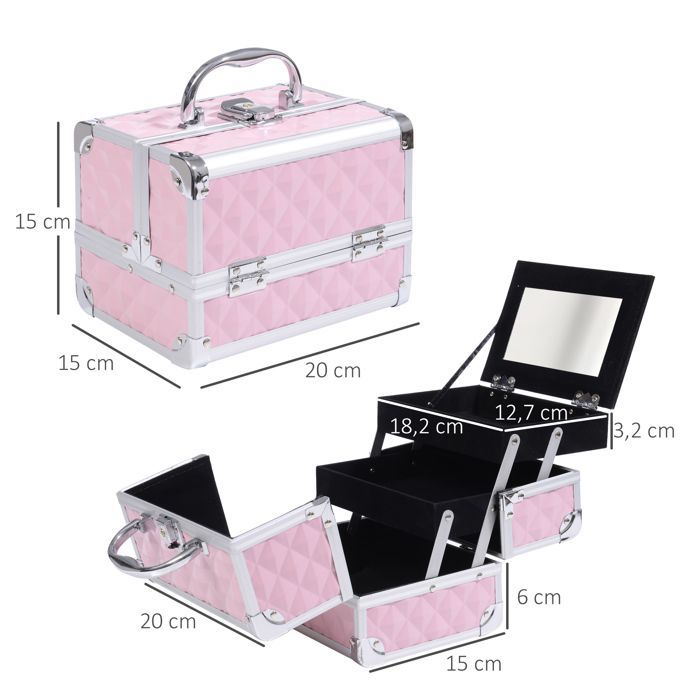Estuche de maquillaje - HOMCOM - productos de belleza, 3 niveles, espejo, cerradura, 2 llaves - aluminio - 20x15x15cm - rosa