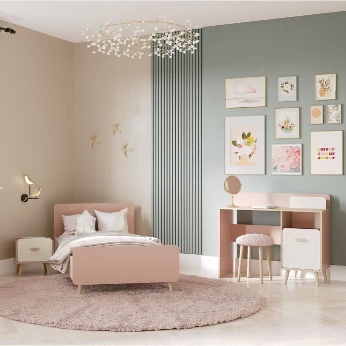 Conjunto completo de dormitorio infantil - SUZIE - Cama de 90 x 190 cm / Mesita de noche / Escritorio - Roble / Albaricoque - DEMEYERE