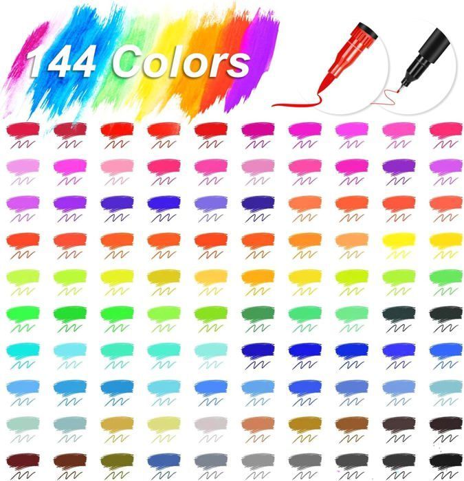 144 Color Watercolor Markers, Dual Tip Fine and Brush Pens for Children, Watercolor Markers for Drawing