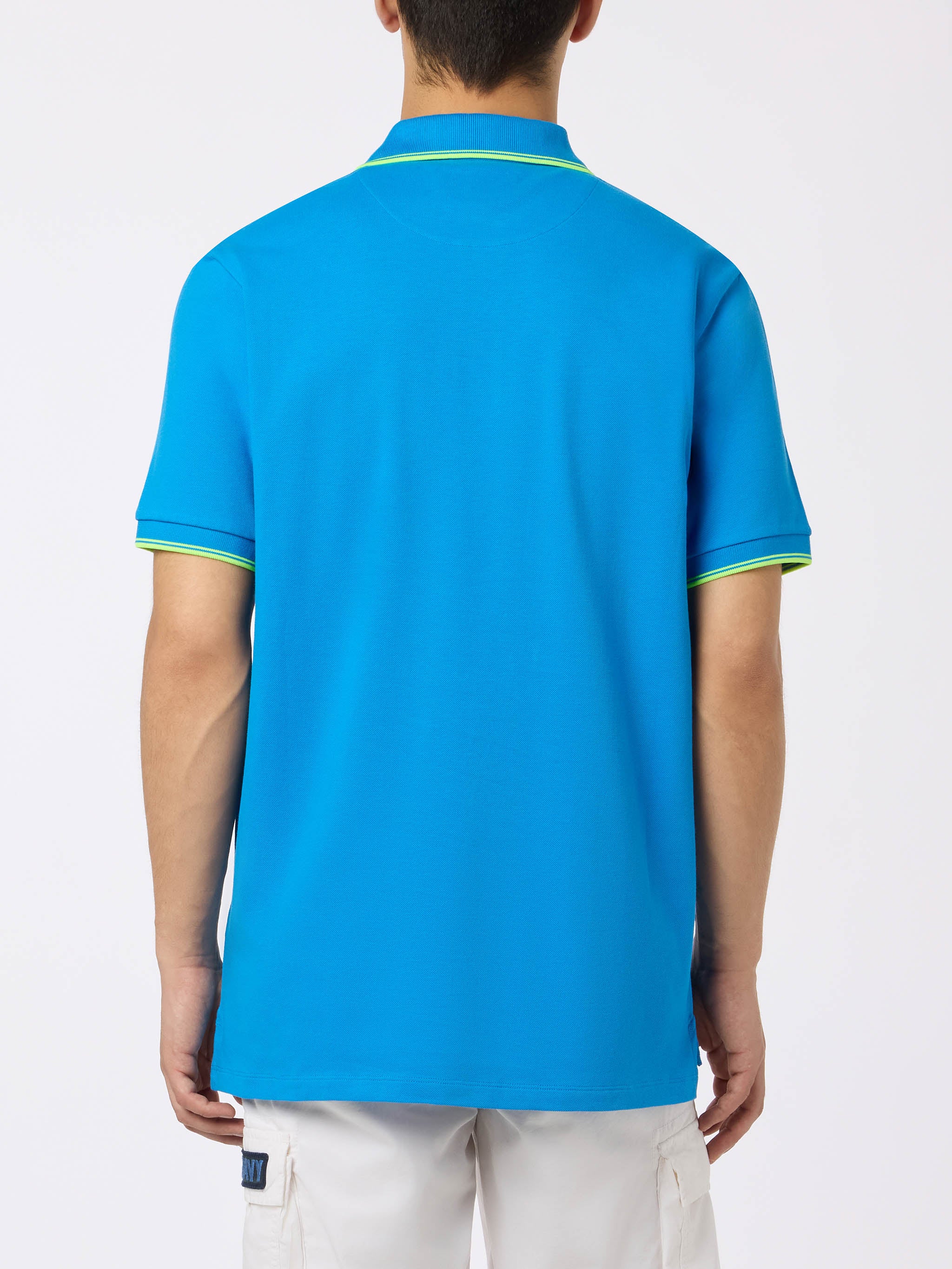 Herenpoloshirt van Beverly Hills-katoenpiqué in Beverly Hills-blauw met palmboomborduurwerk