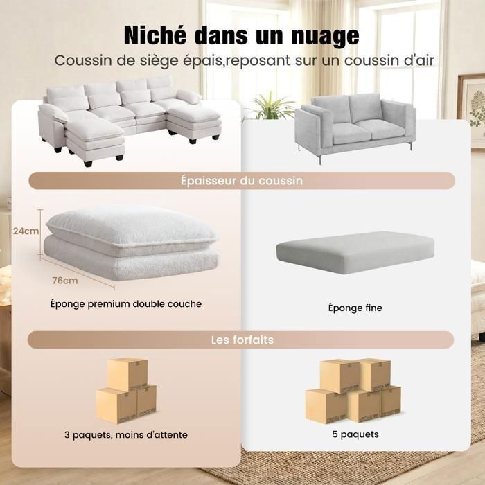 Patbrela Extra Large U-Shaped Modular Sofa, 2 Reversible Ottomans, Double-Layer Cloud Seat Cushion, Beige Teddy Velvet Fabric
