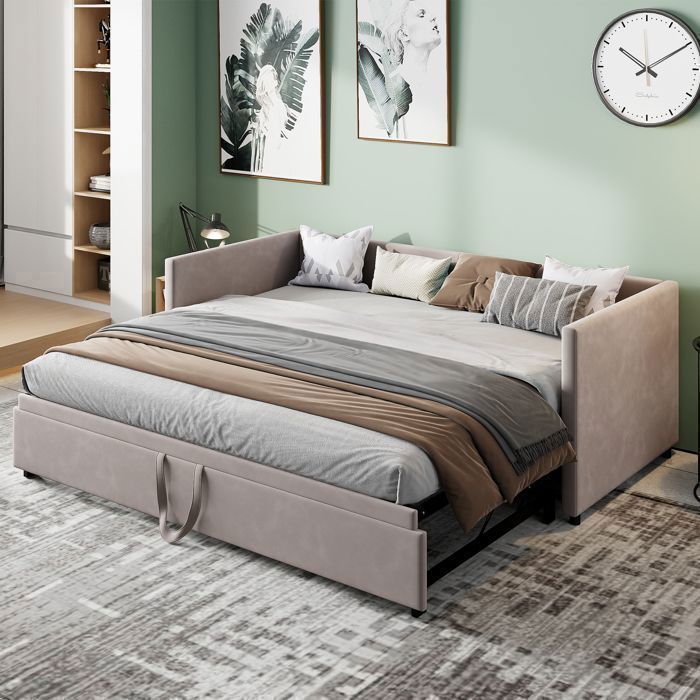 90x200cm Extendable bed frame in grey velvet with slatted base, extends up to 180x200cm, sofa bed, without mattress