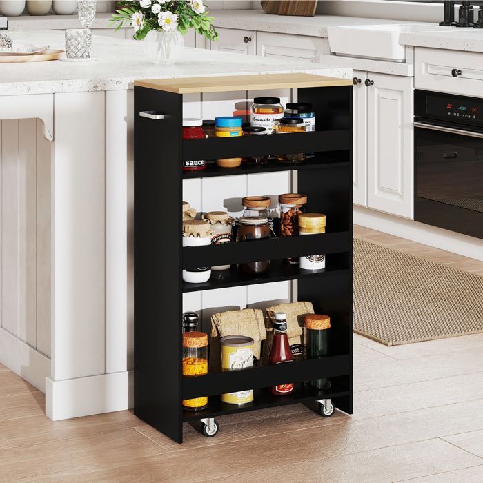 GIANTEX Narrow Kitchen Trolley with Wheels and Brakes - 47.5x25x80.5cm - 4-Tier Serving Cart with Handle - Black + Natural