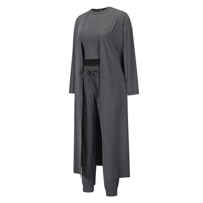 Completo da donna in maglia a 3 pezzi: cardigan, canotta e pantaloni con elastico in vita, tinta unita, autunno/inverno - grigio
